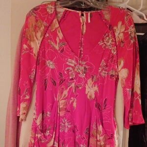 Free People Floral Long Sleeve Dress - Pink and Beige